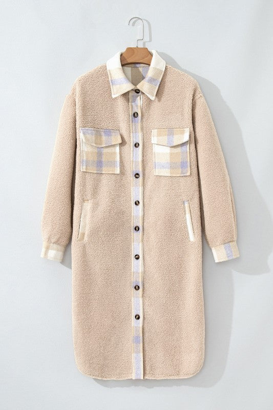 Women’s Long Sherpa Plaid Patchwork Collared Coat | Zarnesh