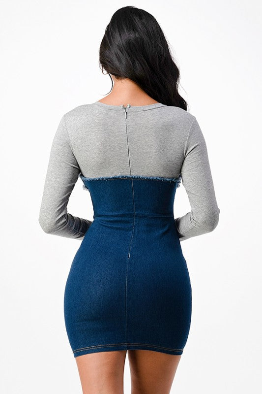 Women’s Long Sleeve Rib Fabric Denim Dress | Zarnesh