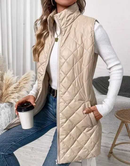 Women’s Long Zip-Up Front Thin Quilted Long Vest | Zarnesh