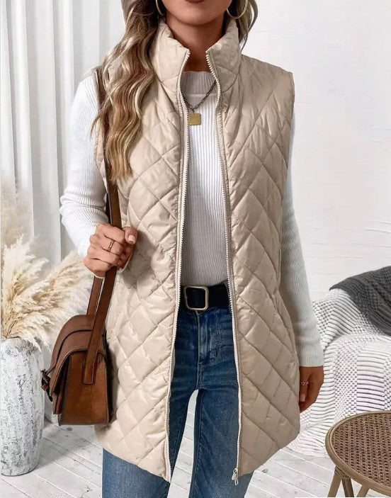 Women’s Long Zip-Up Front Thin Quilted Long Vest | Zarnesh