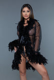 Women’s Lux Short Sheer Feather Trim Front Tie Lingerie Robe | Zarnesh