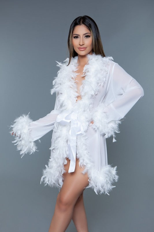 Women’s Lux Short Sheer Feather Trim Front Tie Lingerie Robe | Zarnesh
