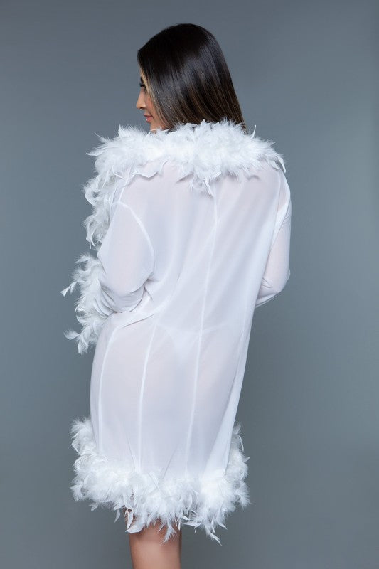 Women’s Lux Short Sheer Feather Trim Front Tie Lingerie Robe | Zarnesh