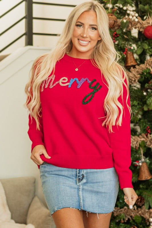 Women’s Merry Christmas Letter Embroidered Tinsel Sweater | Zarnesh