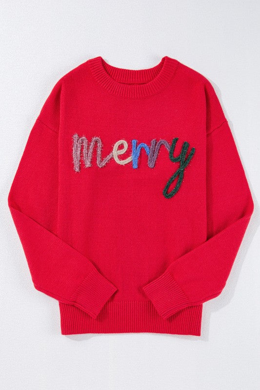 Women’s Merry Christmas Letter Embroidered Tinsel Sweater | Zarnesh