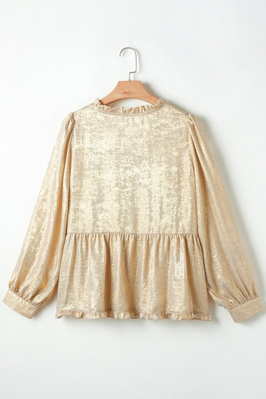 Women’s Metallic Puff Sleeve Frill V-Neck Blouse | Zarnesh