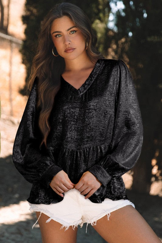 Women’s Metallic Puff Sleeve Frill V-Neck Blouse | Zarnesh