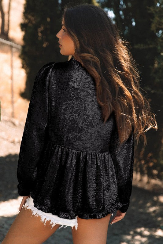 Women’s Metallic Puff Sleeve Frill V-Neck Blouse | Zarnesh