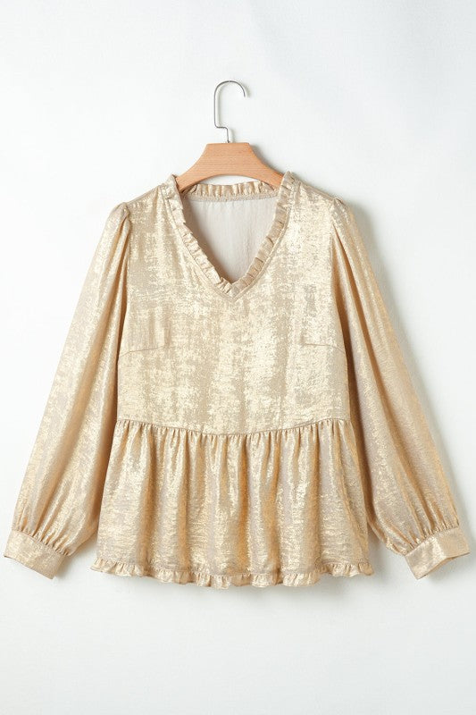 Women’s Metallic Puff Sleeve Frill V-Neck Blouse | Zarnesh