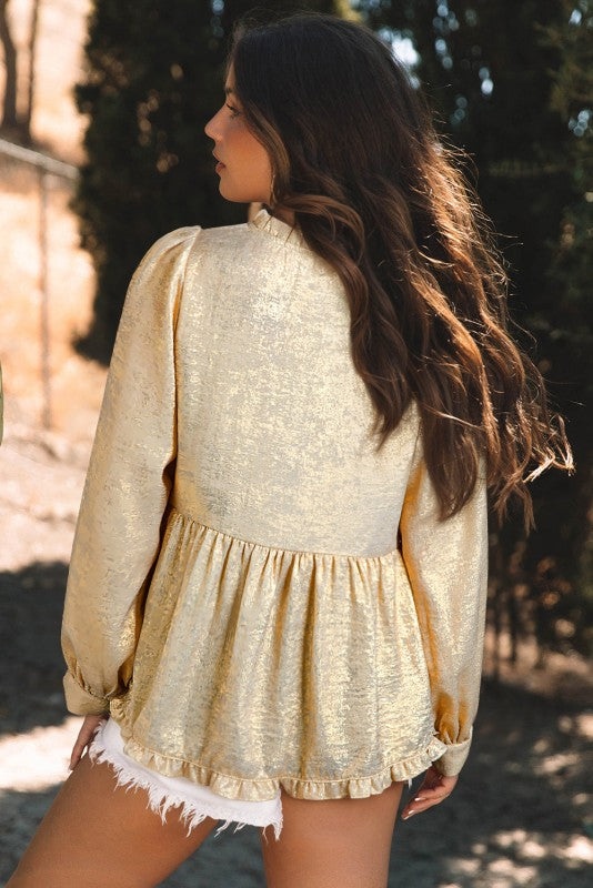 Women’s Metallic Puff Sleeve Frill V-Neck Blouse | Zarnesh
