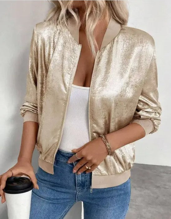 Women’s Metallic Zip Up Bomber Jacket Coat | Zarnesh