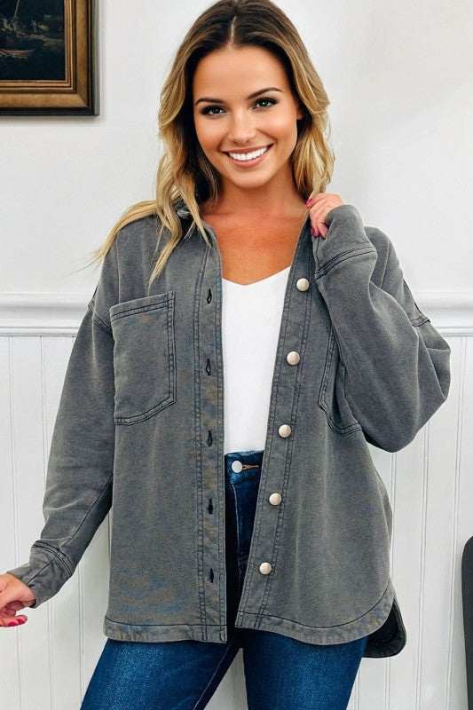 Women’s Mineral Wash Drop Shoulder Chest Pocket Shacket | Zarnesh