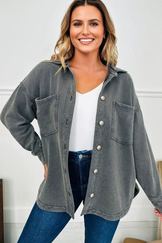 Women’s Mineral Wash Drop Shoulder Chest Pocket Shacket | Zarnesh