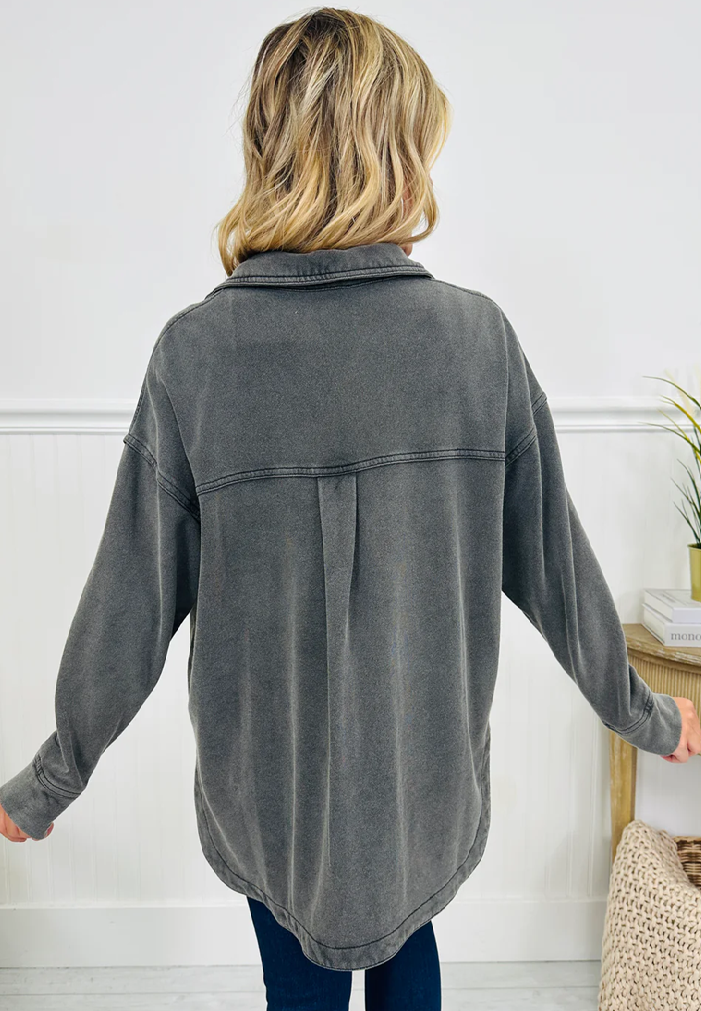 Women’s Mineral Wash Drop Shoulder Chest Pocket Shacket | Zarnesh