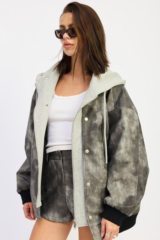 Women’s Mixed Media Bomber Hooded Acid Wash Jacket | Zarnesh