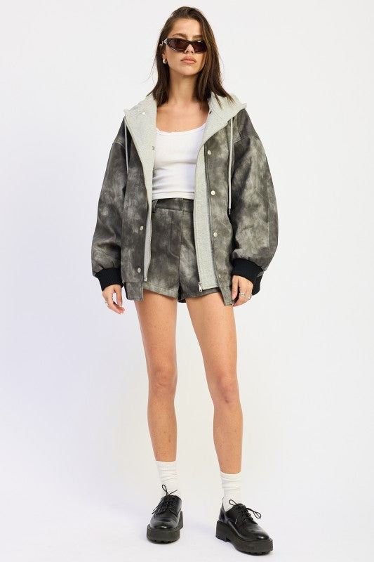Women’s Mixed Media Bomber Hooded Acid Wash Jacket | Zarnesh
