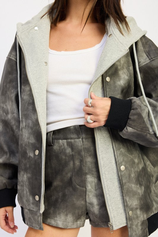Women’s Mixed Media Bomber Hooded Acid Wash Jacket | Zarnesh