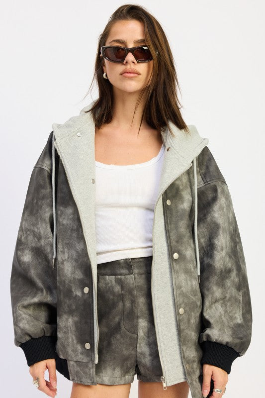 Women’s Mixed Media Bomber Hooded Acid Wash Jacket | Zarnesh