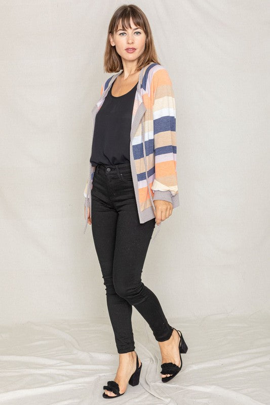 Women's Multi Color Stripe Waffle Trim Open Cardigan | Zarnesh