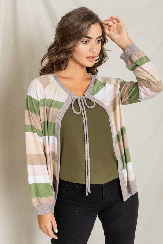 Women's Multi Color Stripe Waffle Trim Open Cardigan | Zarnesh