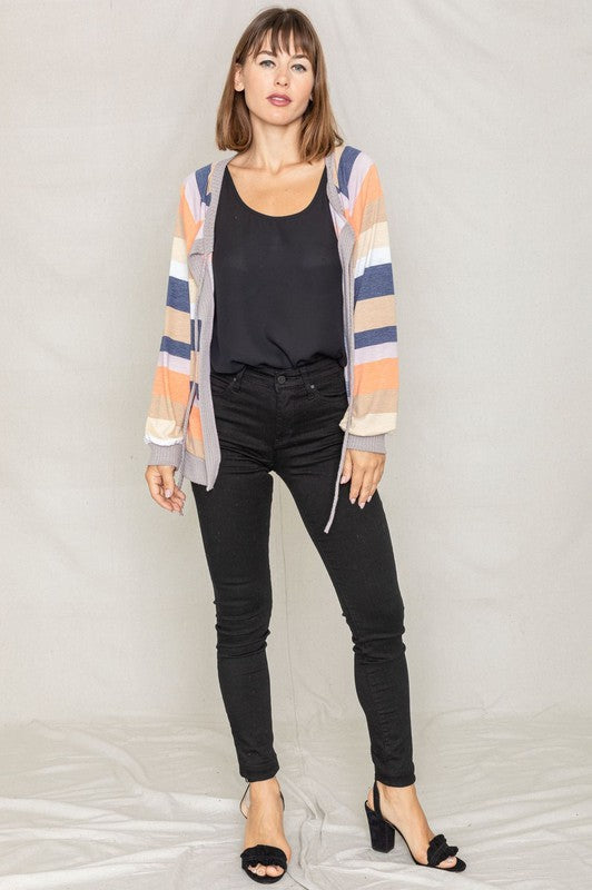 Women's Multi Color Stripe Waffle Trim Open Cardigan | Zarnesh