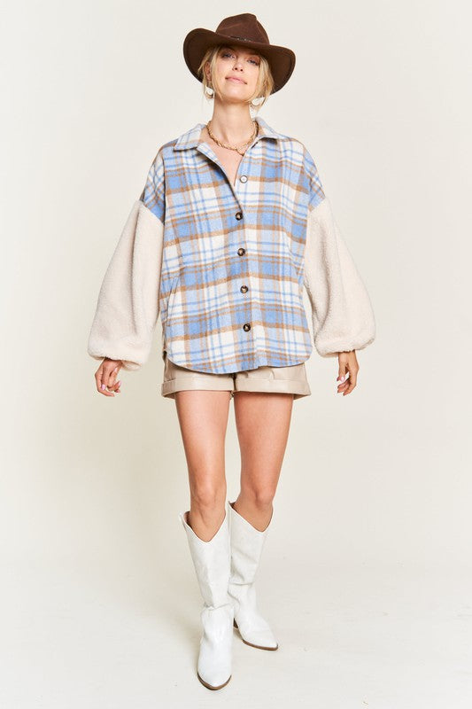 Women’s Multi Plaid Sherpa Fuzzy Sleeve Jacket | Zarnesh