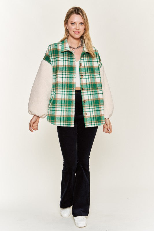 Women’s Multi Plaid Sherpa Fuzzy Sleeve Jacket | Zarnesh