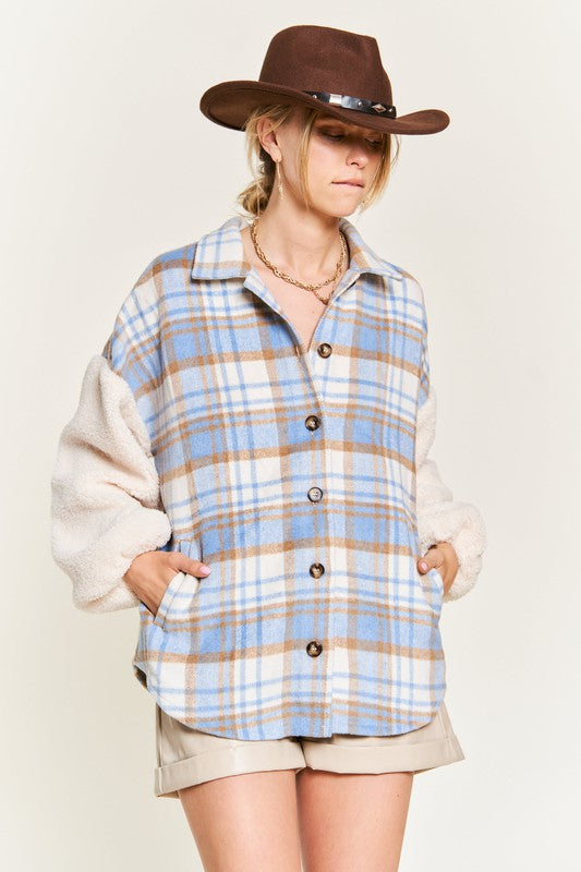 Women’s Multi Plaid Sherpa Fuzzy Sleeve Jacket | Zarnesh