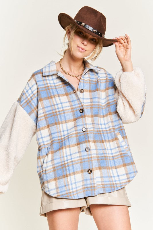 Women’s Multi Plaid Sherpa Fuzzy Sleeve Jacket | Zarnesh