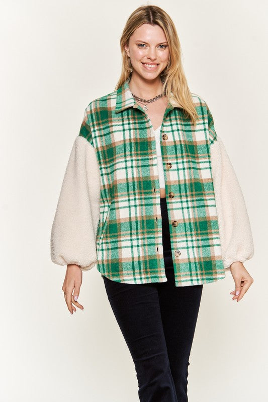 Women’s Multi Plaid Sherpa Fuzzy Sleeve Jacket | Zarnesh