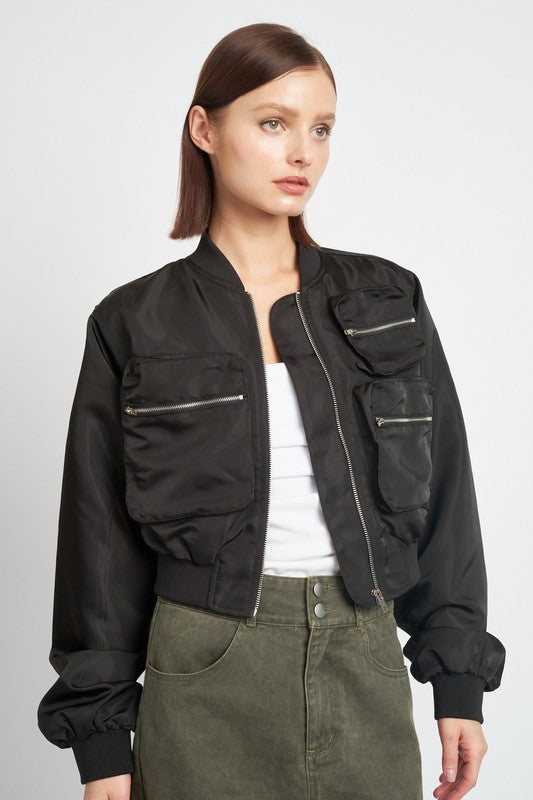Women’s Multi Pocket Cropped Bomber Jacket | Zarnesh