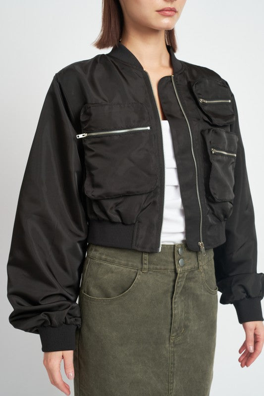Women’s Multi Pocket Cropped Bomber Jacket | Zarnesh