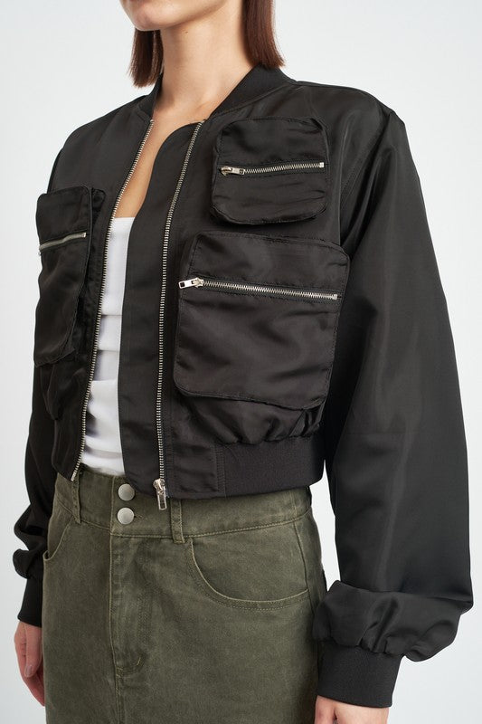 Women’s Multi Pocket Cropped Bomber Jacket | Zarnesh