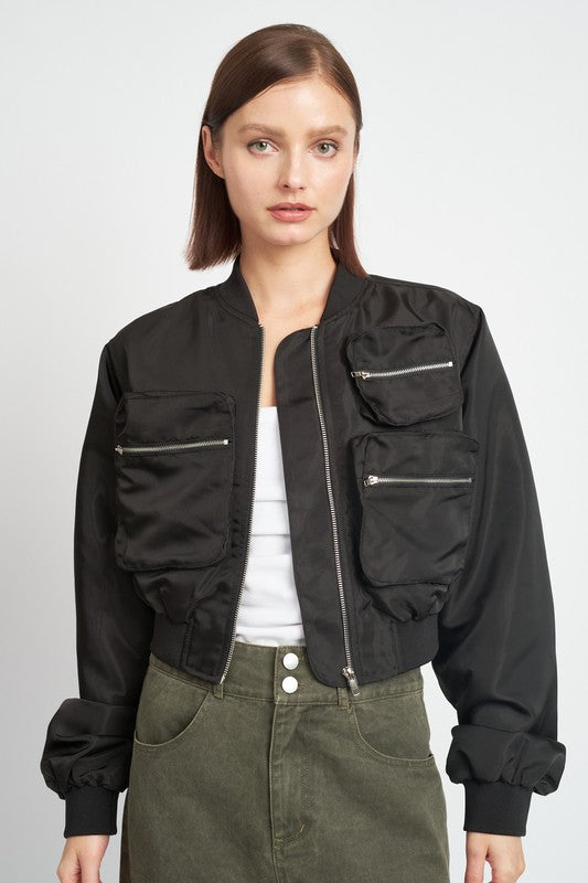 Women’s Multi Pocket Cropped Bomber Jacket | Zarnesh