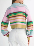 Women’s Stripe Ribbed Trim Crewneck Cropped Pullover Sweater | Zarnesh