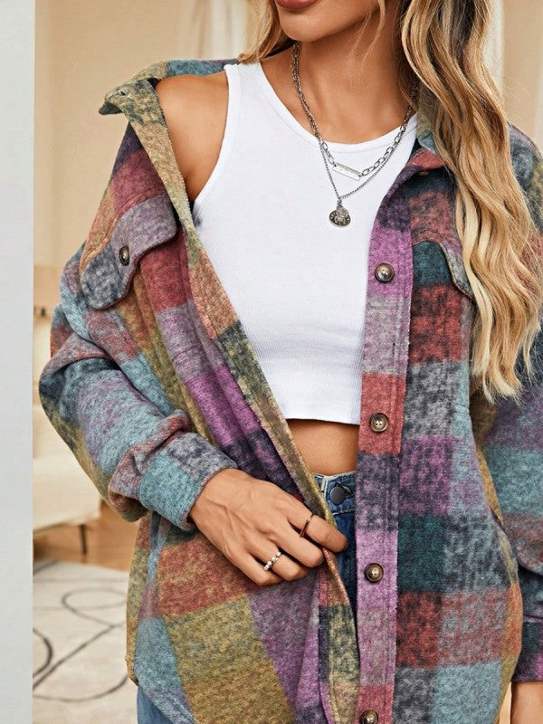 Women's Mustard Red Mint Plaid Button Shacket Cardigan | Zarnesh