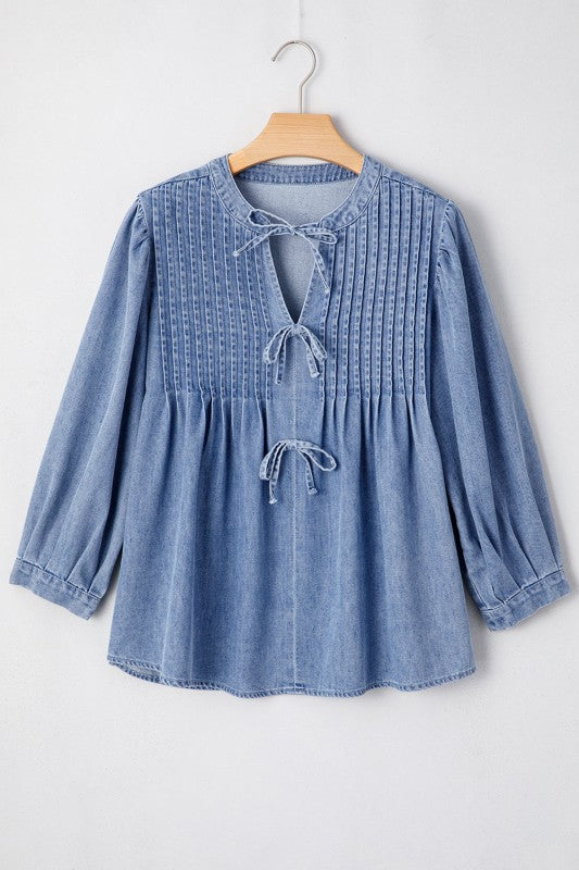 Women’s Solid Denim Pleated Bow Tie Puff Sleeve Top | Zarnesh