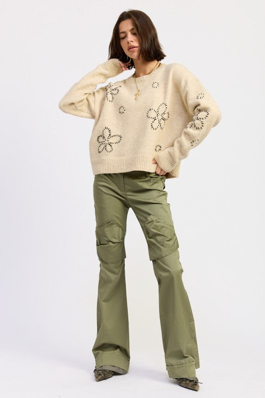 Women’s Floral Stitch Knit Pullover Whipstitch Flower Sweater | Zarnesh