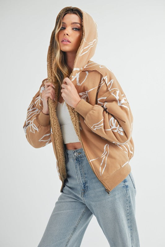 Women’s Oita Flower Print Zip Up Sherpa Hoodie Jacket | Zarnesh