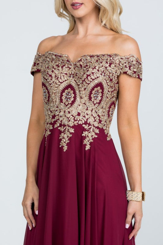 Women's Off Shoulder Chiffon Gold Appliques Gown Formal Dress | Zarnesh