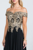 Women's Off Shoulder Chiffon Gold Appliques Gown Formal Dress | Zarnesh