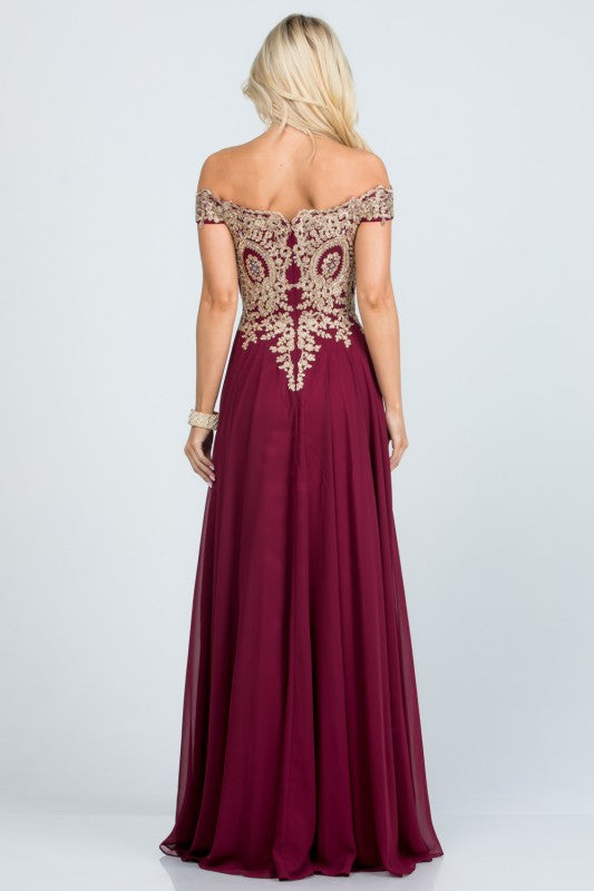 Women's Off Shoulder Chiffon Gold Appliques Gown Formal Dress | Zarnesh