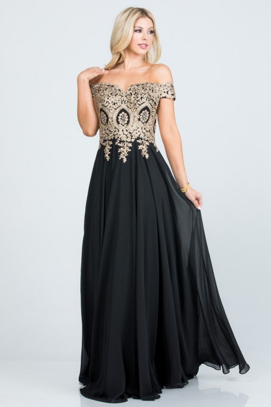 Women's Off Shoulder Chiffon Gold Appliques Gown Formal Dress | Zarnesh