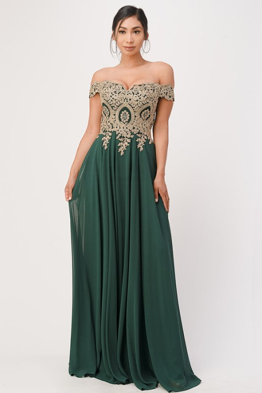 Women's Off Shoulder Chiffon Gold Appliques Gown Formal Dress | Zarnesh