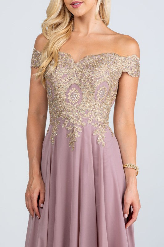 Women's Off Shoulder Chiffon Gold Appliques Gown Formal Dress | Zarnesh
