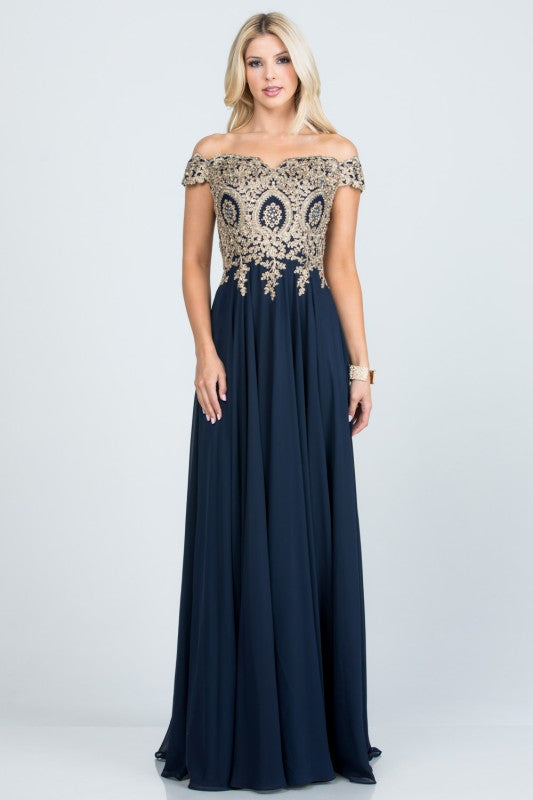 Women's Off Shoulder Chiffon Gold Appliques Gown Formal Dress | Zarnesh