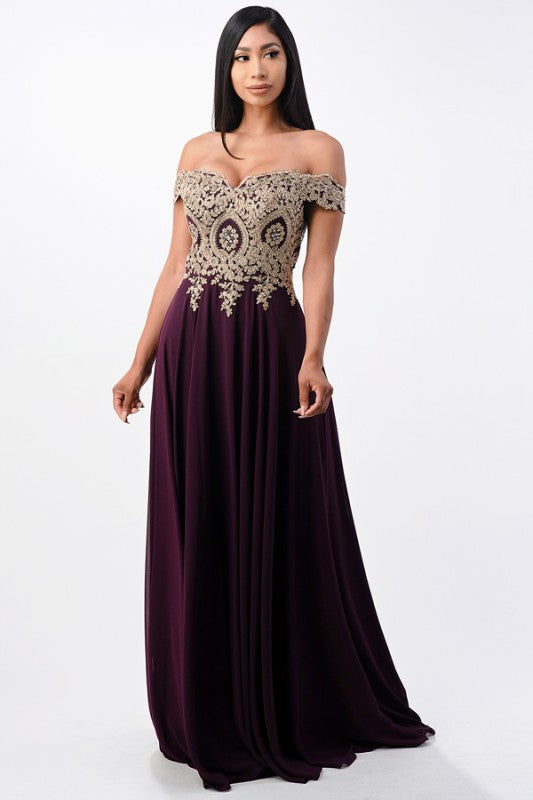 Women's Off Shoulder Chiffon Gold Appliques Gown Formal Dress | Zarnesh