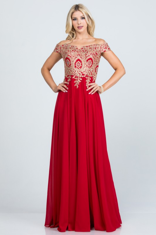 Women's Off Shoulder Chiffon Gold Appliques Gown Formal Dress | Zarnesh