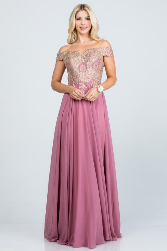 Women's Off Shoulder Chiffon Gold Appliques Gown Formal Dress | Zarnesh