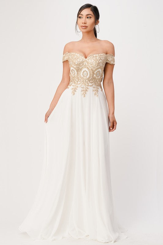 Women's Off Shoulder Chiffon Gold Appliques Gown Formal Dress | Zarnesh